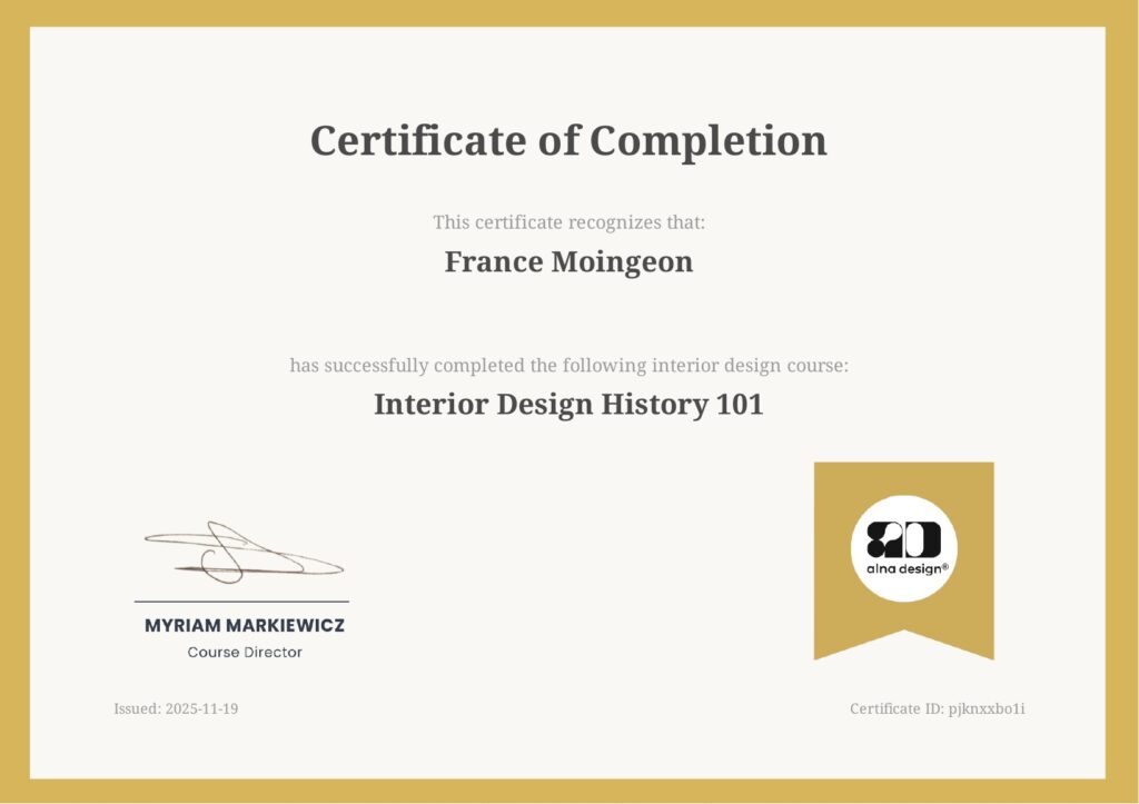 Alna Design Certificate of Completion for free French Touch interior design courses.