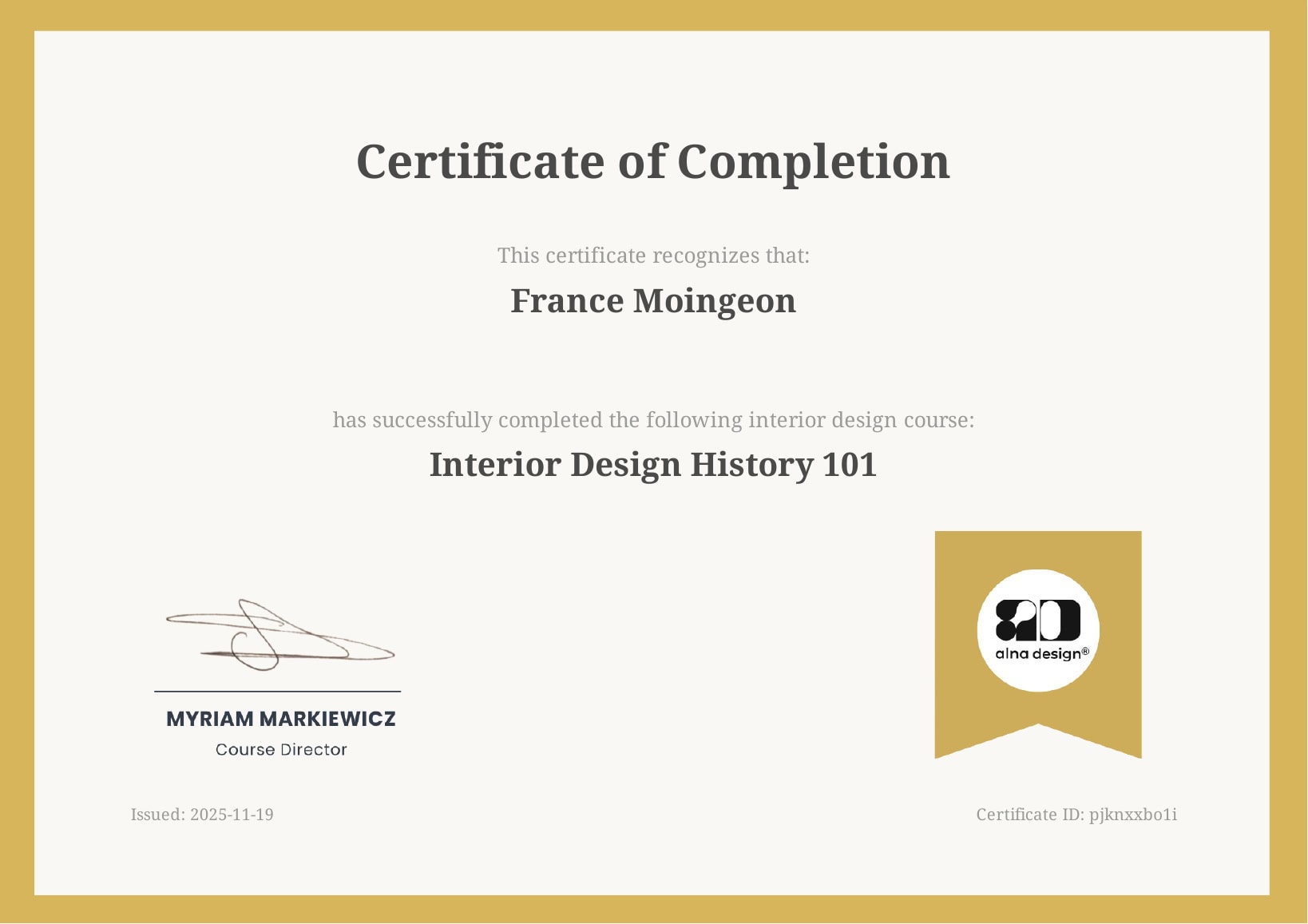Alna Design Certificate of Completion for free French Touch interior design courses.