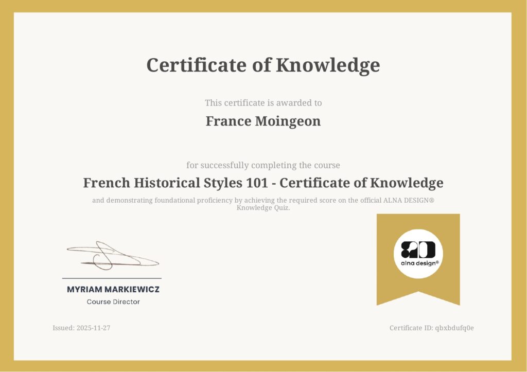 Certificate of Knowledge for Interior Design 101 displayed on a clean, elegant background, representing an online interior decorating course focused on the French Touch style.