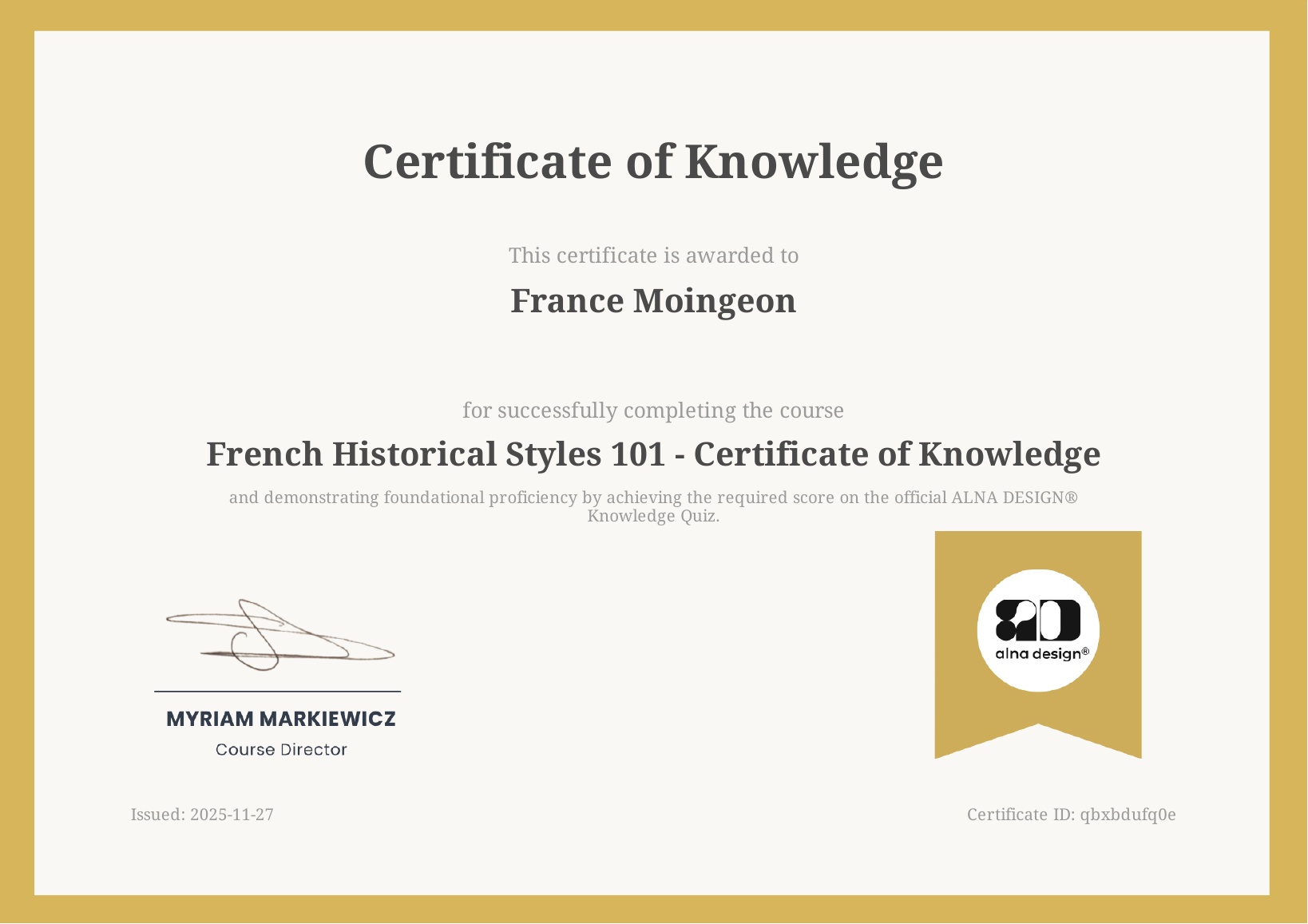 Certificate of Knowledge for Interior Design 101 displayed on a clean, elegant background, representing an online interior decorating course focused on the French Touch style.