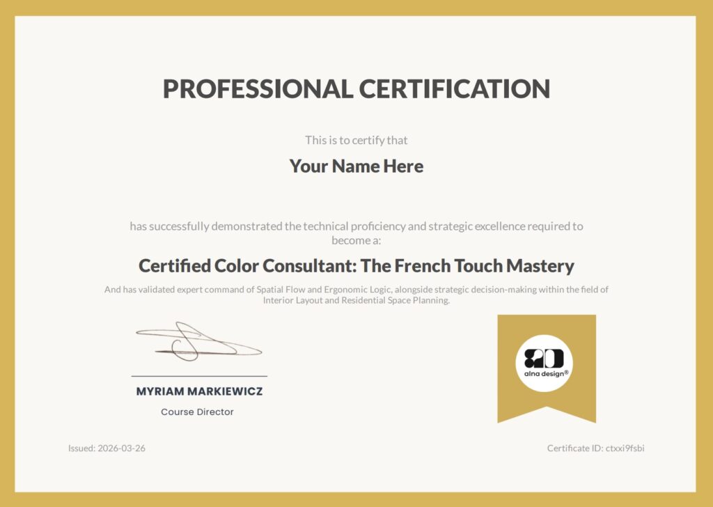 Official Professional Certification for the Color Consultant program by ALNA DESIGN® Academy. Specimen of the French Touch Mastery diploma including validation of color and light logic.