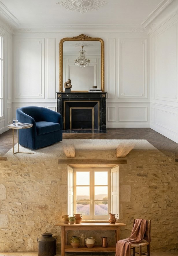 Comparison between a Parisian Haussmannian living room and a Provençal rustic interior, showcasing the French Design Signature by ALNA DESIGN®.