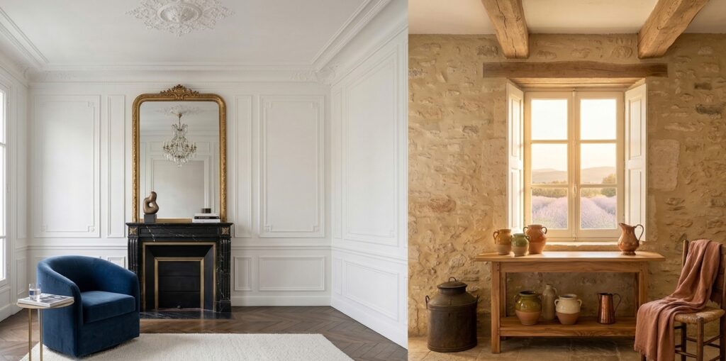 Comparison between a Parisian Haussmannian living room and a Provençal rustic interior, showcasing the French Design Signature by ALNA DESIGN®.