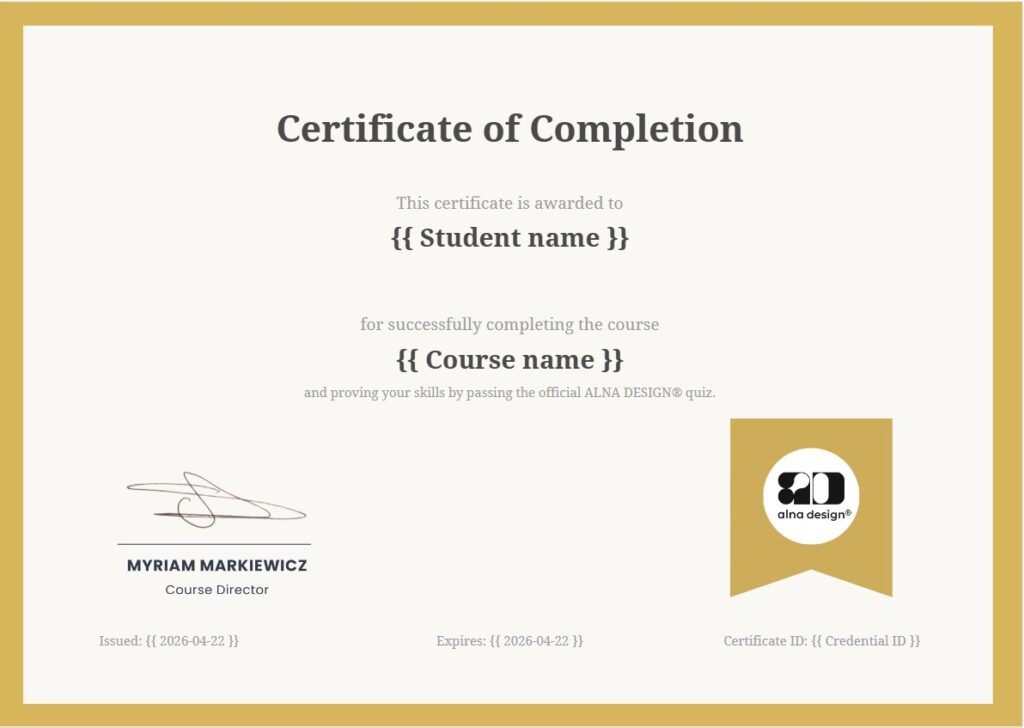 Sample of the official ALNA DESIGN® 101 Series certificate of completion for interior design fundamental modules.