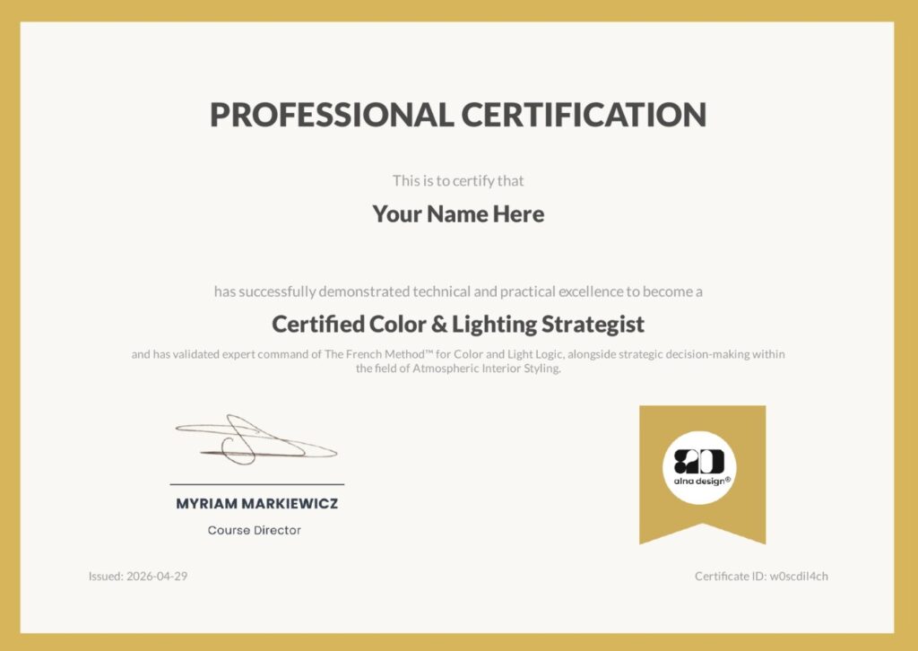 Official certification diploma for the Interior Color and Lighting Strategist program - French Method™ by Alna Design®