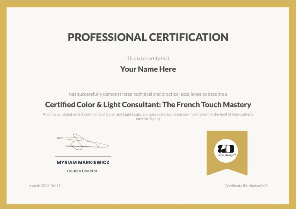 Official Certificate for the Certified Interior Color and Light Consultant program by Alna Design, showcasing the French Method of atmospheric design.