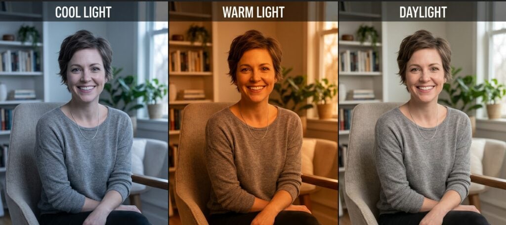 Visual comparison of three different Kelvin light bulb temperatures affecting human skin tone and facial complexion.