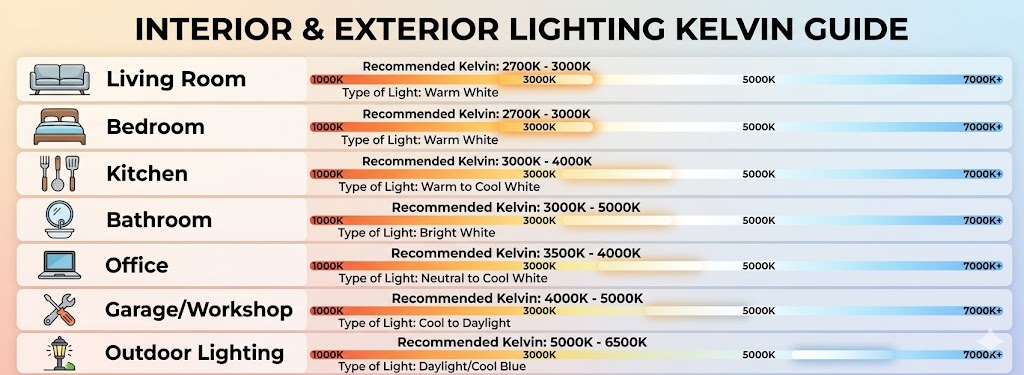 Infographic chart showing recommended Kelvin color temperatures and light types for different rooms, from living room to outdoor lighting.