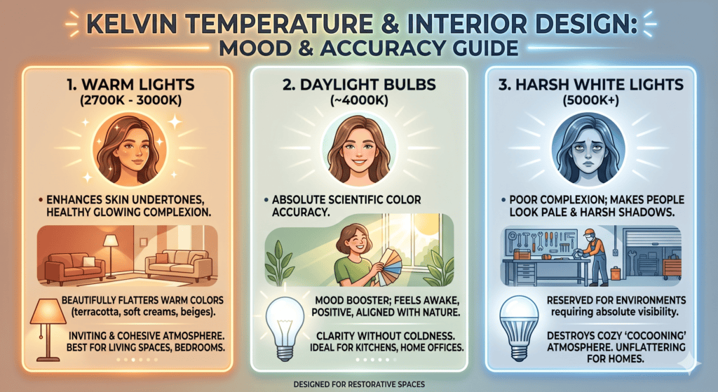 Infographic comparing the effects of warm lights, daylight bulbs, and harsh white lights on human skin complexion and interior design mood.