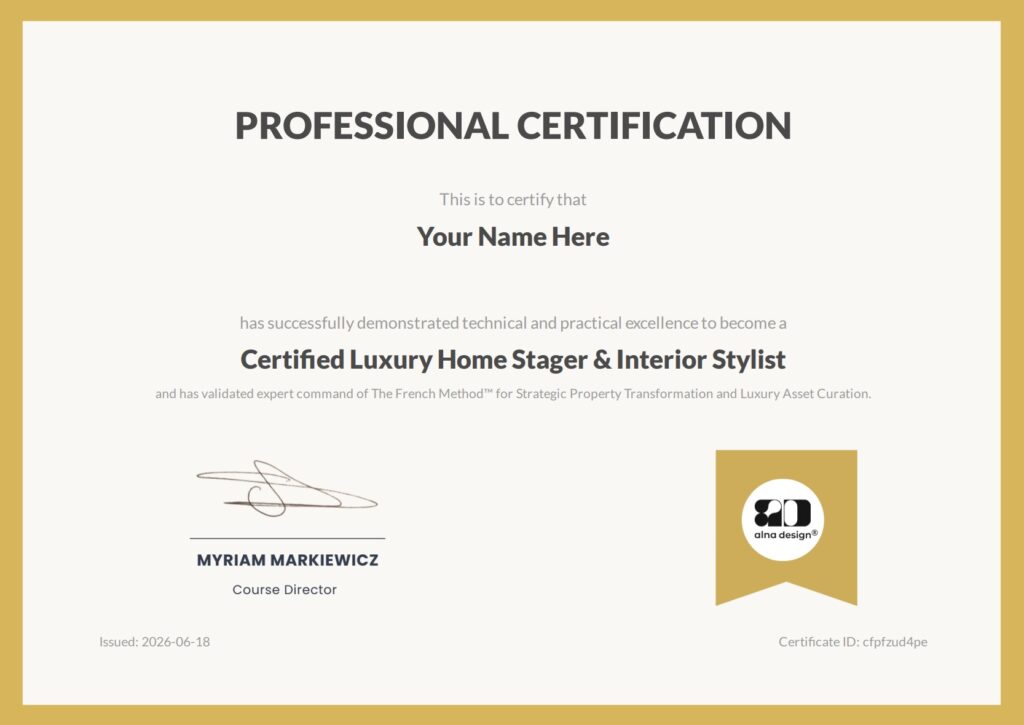 Official certificate preview for the Alna Design Luxury Home Staging and Interior Styling Certification.