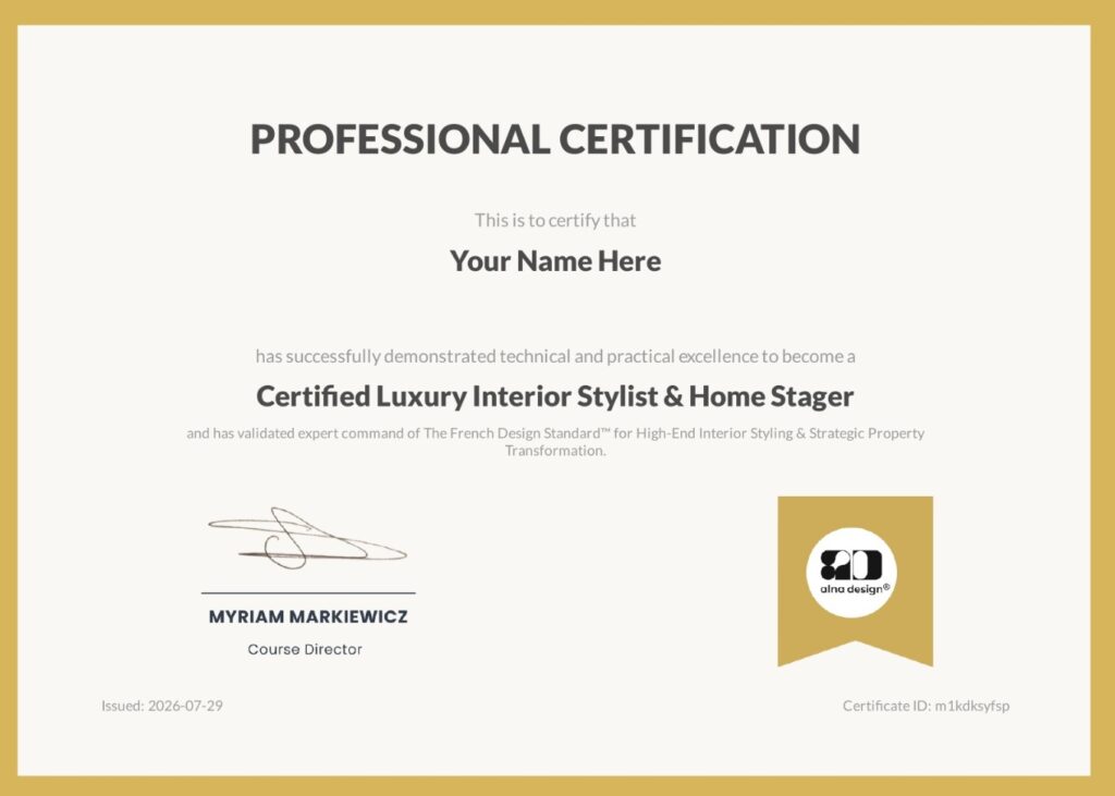 Official ALNA Design diploma for the Certified Luxury Interior Stylist and Home Stager program.
