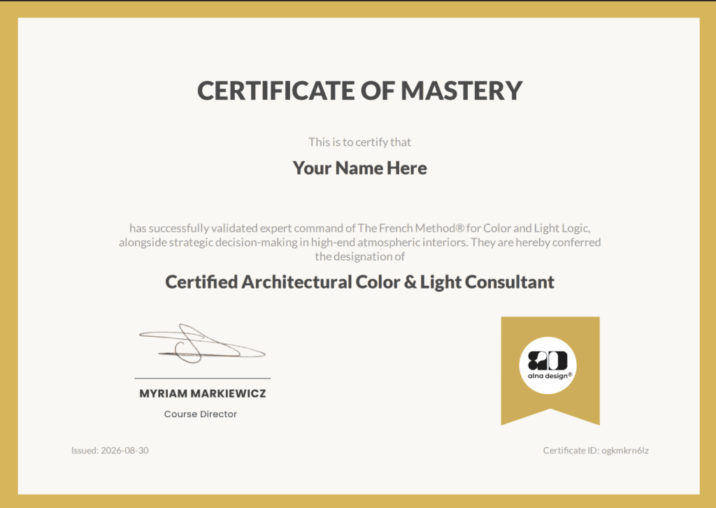 Official Certificate of Mastery - Certified Architectural Color & Light Consultant by ALNA DESIGN® Academy